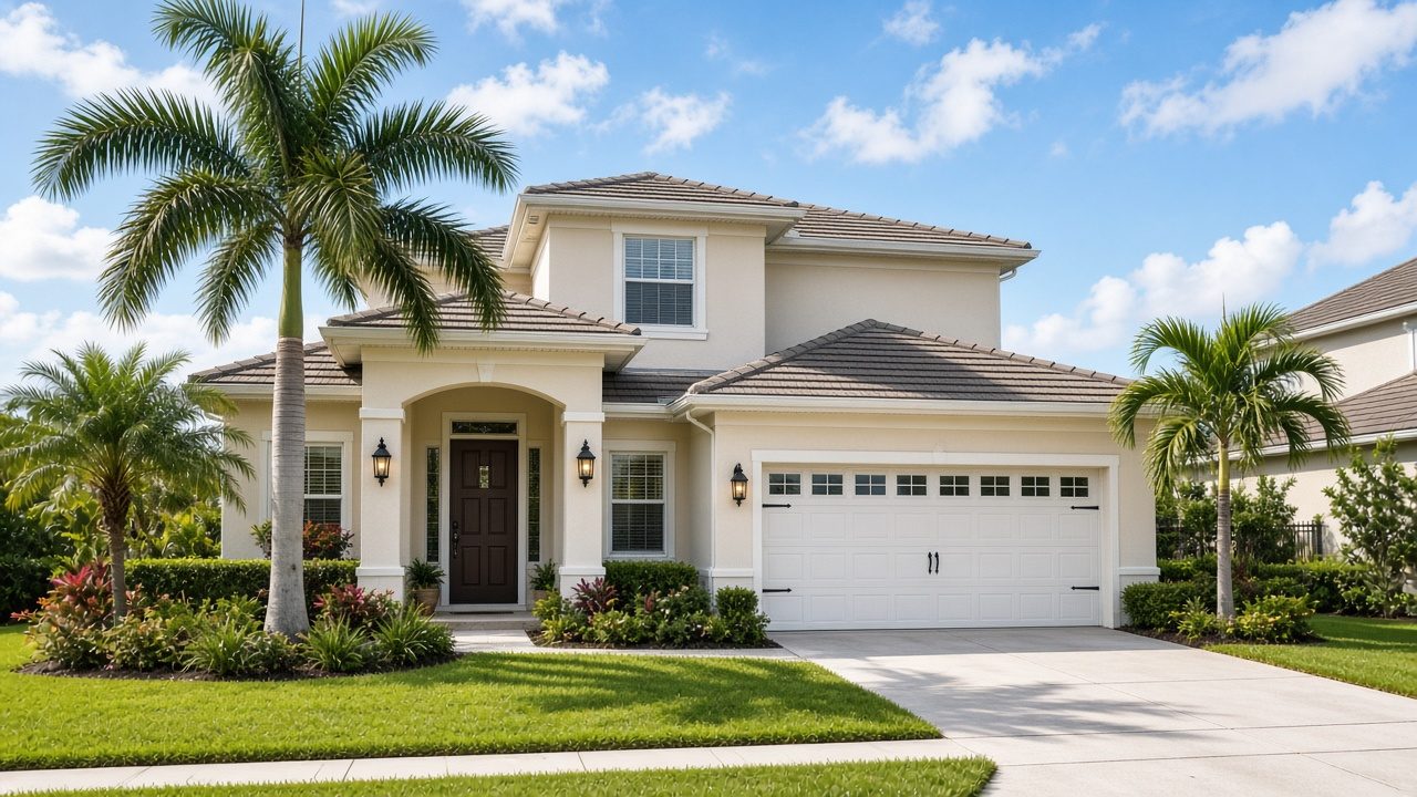 Two-story Florida stucco house with a tile roof, a two-car garage and palm trees in the front yard