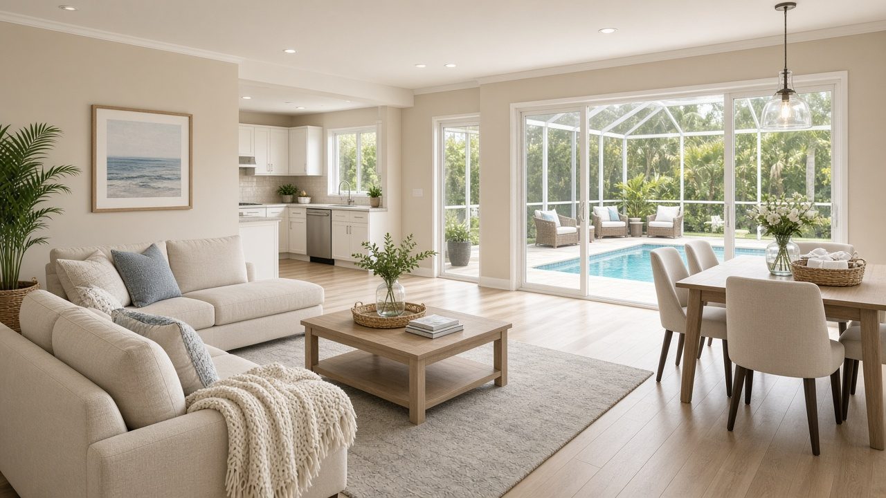 Bright open-plan living and dining room with sliding glass doors opening onto a screened pool