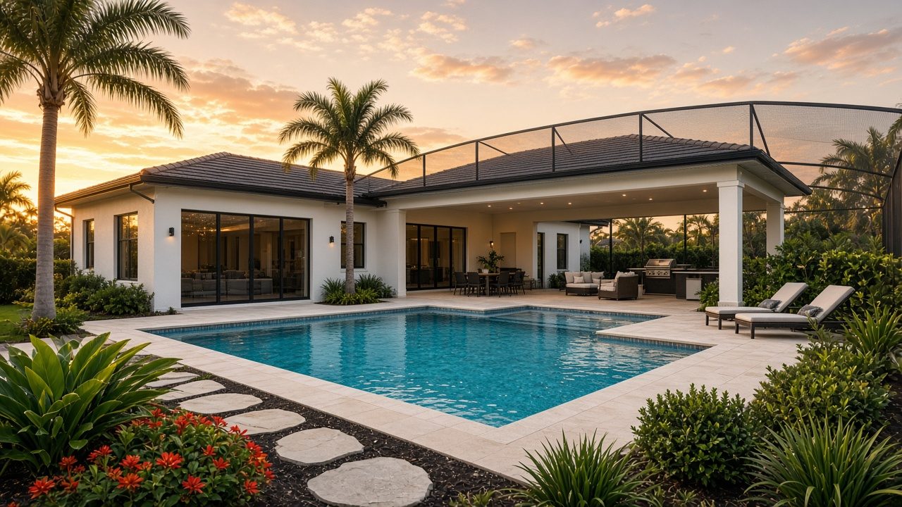 Single-story Florida pool home at sunset, with a screened lanai, palm trees and lounge chairs beside the pool