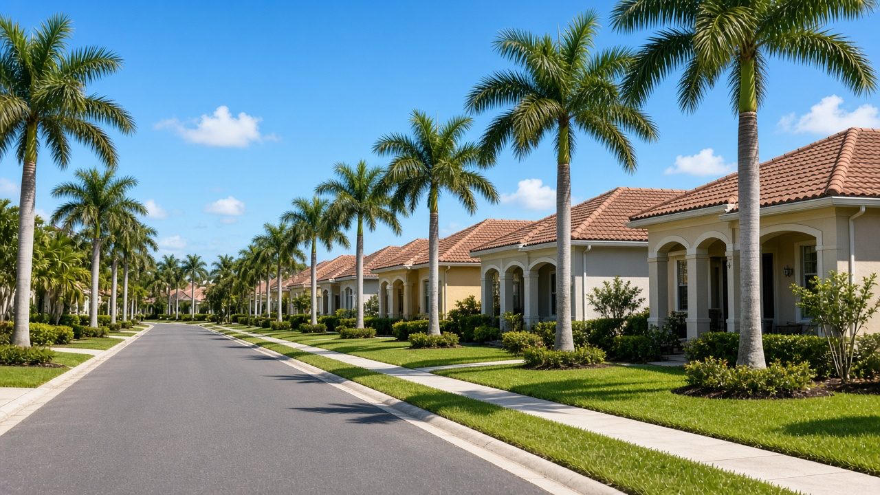 Palm-lined residential street with single-story stucco homes and tile roofs under a blue sky